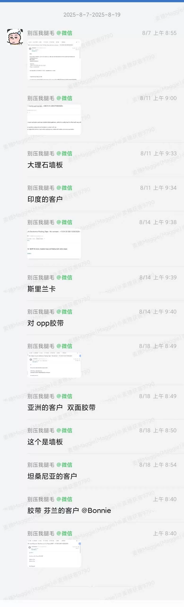大理石墙板胶带外贸案例:两周5条询盘的聊天记录截图