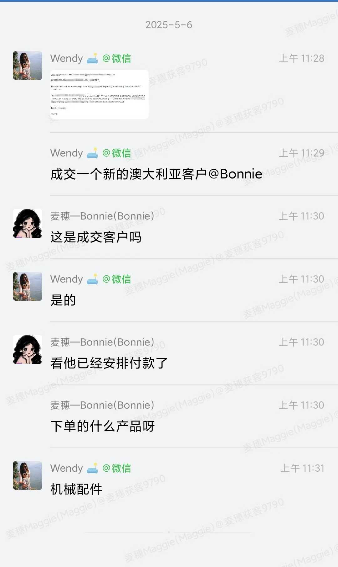 机械配件外贸案例:澳大利亚客户成交并安排付款的聊天记录截图
