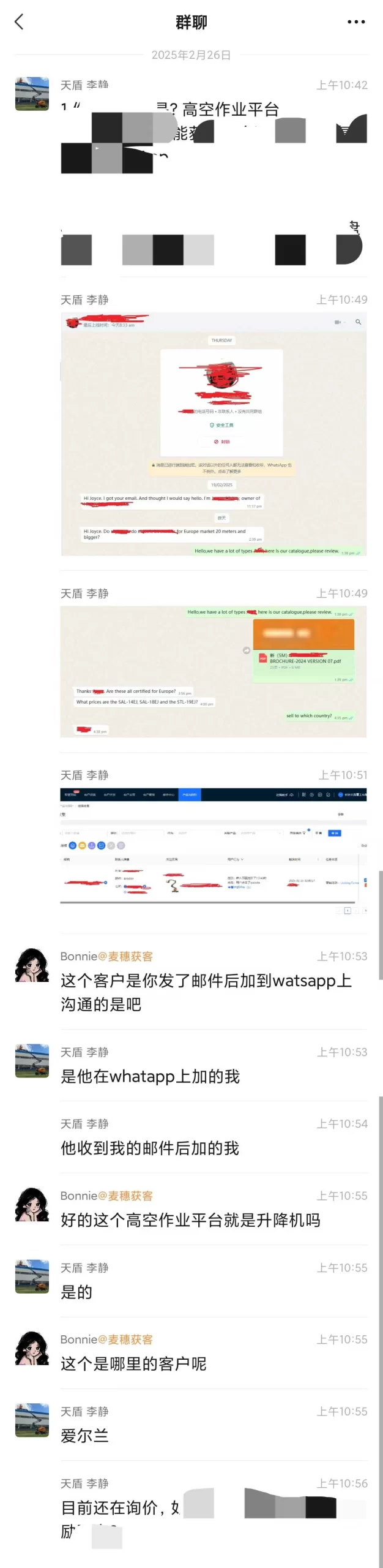 高空作业平台外贸案例:邮件开发爱尔兰买家加WhatsApp沟通的聊天记录截图