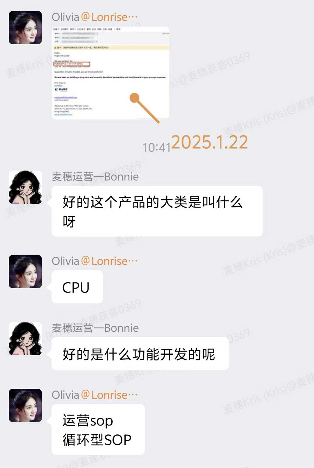 半导体外贸案例:CPU品类循环型SOP持续运营产生客户咨询的聊天记录截图