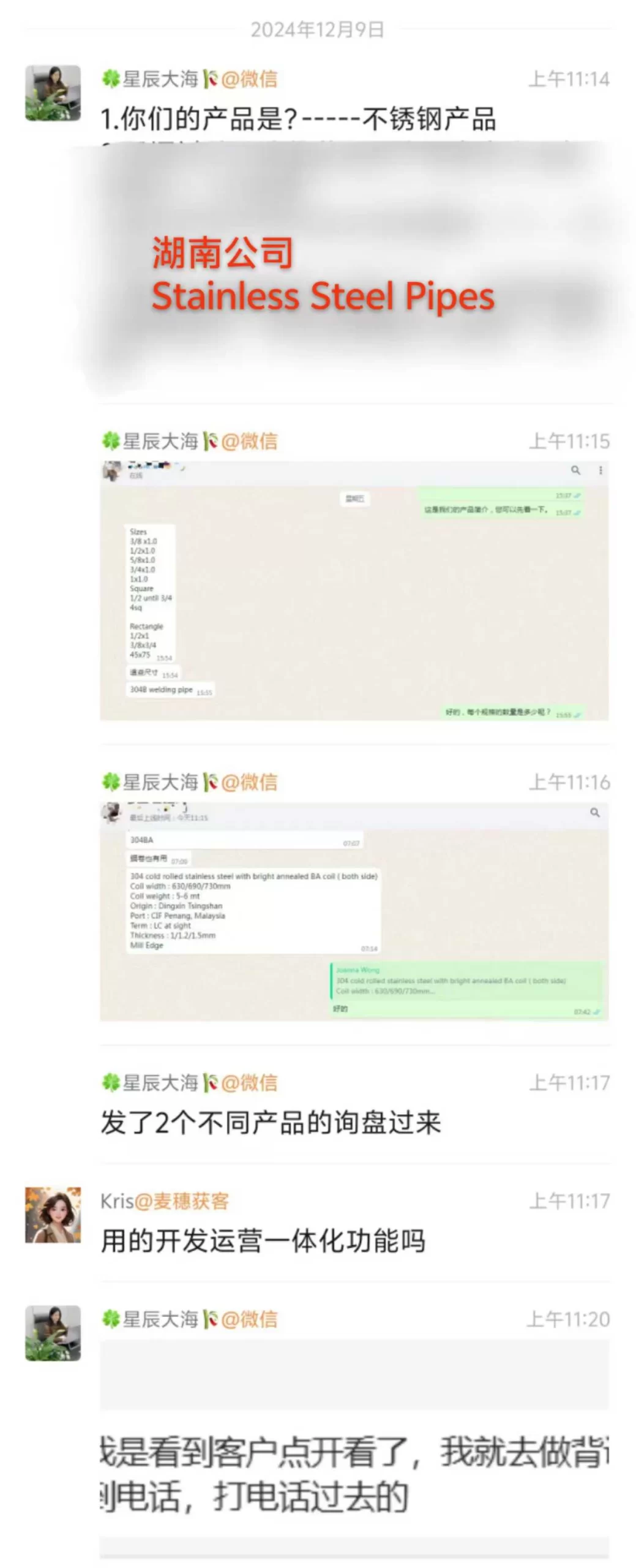 不锈钢管外贸案例:看到客户点开邮件后背调打电话拿到两个细致询盘的聊天记录截图