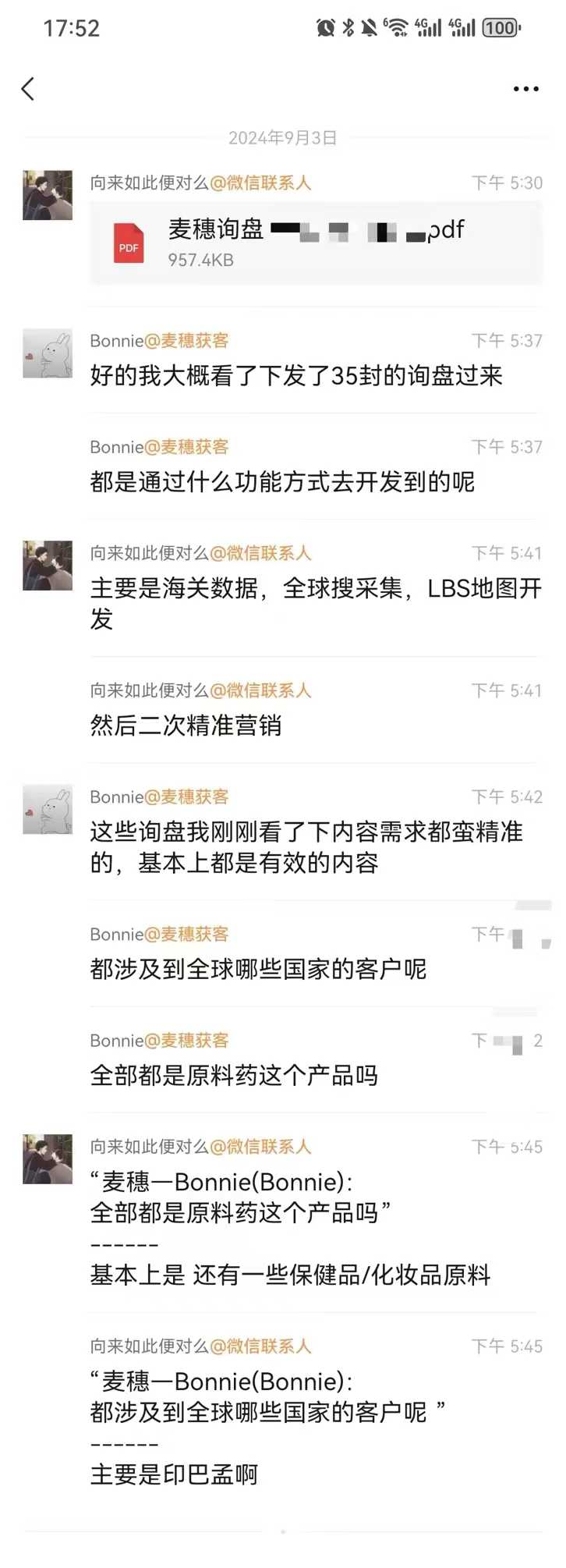 原料药外贸案例:35封询盘、印巴孟买家为主的聊天记录截图