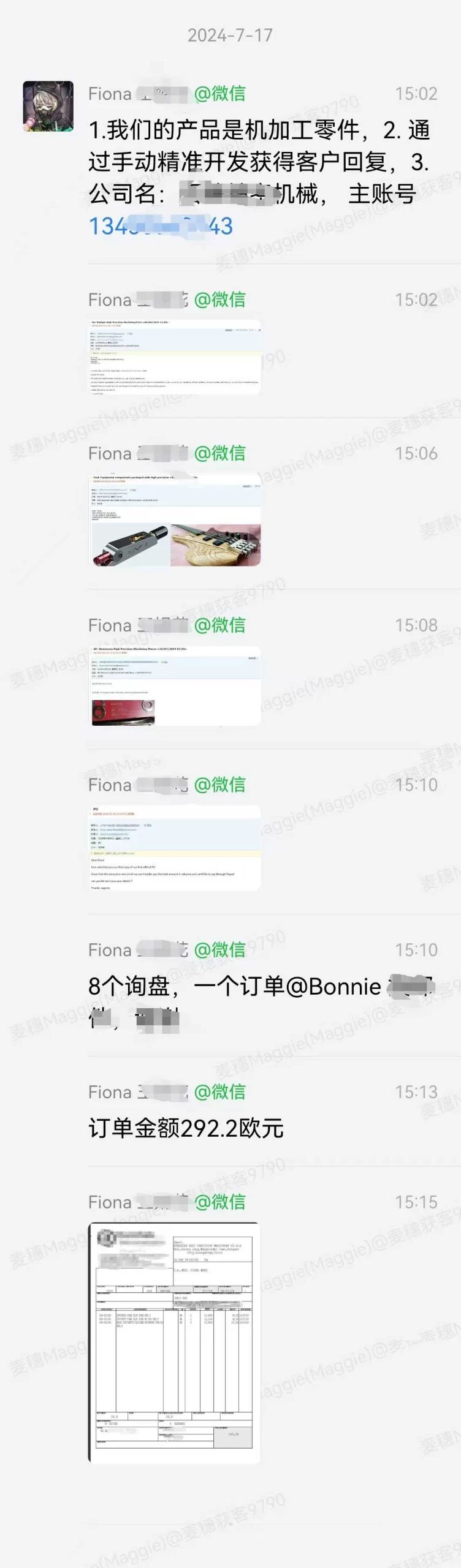 机加工外贸案例：手动精准开发8个询盘1个订单292.2欧元的聊天记录截图